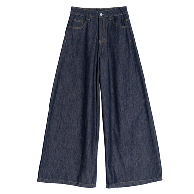 美式复古深蓝色高腰阔腿牛仔裤女潮流宽松垂坠感显瘦拖地休闲长裤