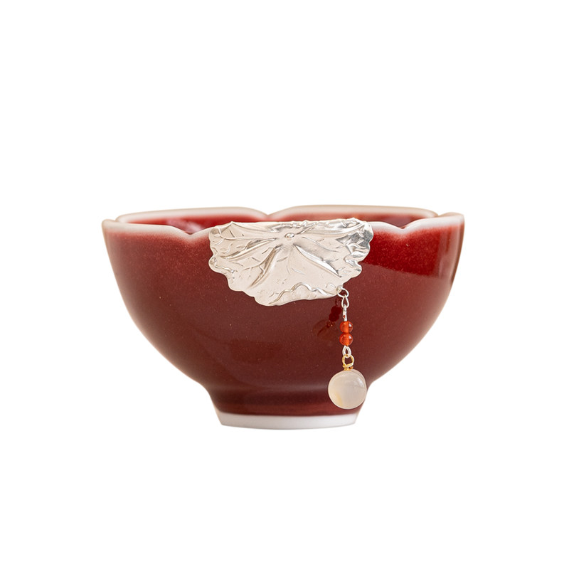 臻尧复古郎红陶瓷中式镶银品茗杯