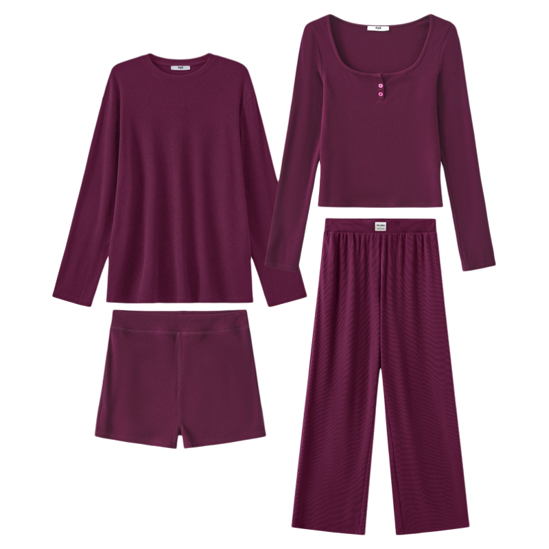 COZ罗纹修身针织T恤女秋冬季睡衣/家居服套装