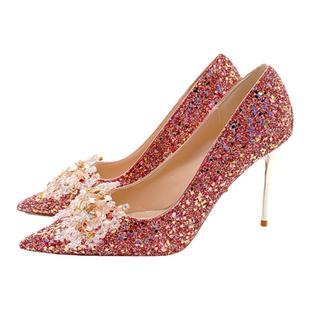 婚鞋秀禾主婚纱两穿新娘鞋新款法式酒红色水晶高跟鞋不累脚高级感