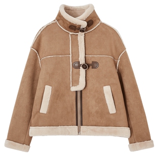 德玛纳复古风麂皮绒翻领外套女25冬季新款毛绒拼接PU扣袢保暖上衣