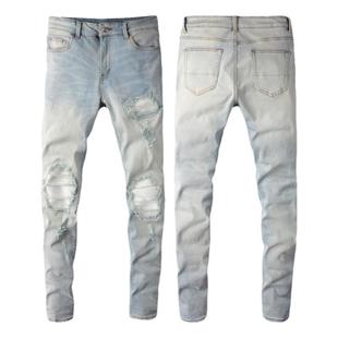 FO AMIRI潮牌新款浅色破洞补丁贴布乞丐牛仔裤男弹力修身小脚裤子