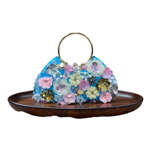 高级感小众手工花朵金属圆环手提包女气质晚宴包