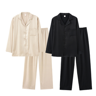 芝桃鸟春秋季冰丝睡衣情侣黑色男仿真丝绸香槟女款家居服套装秋款