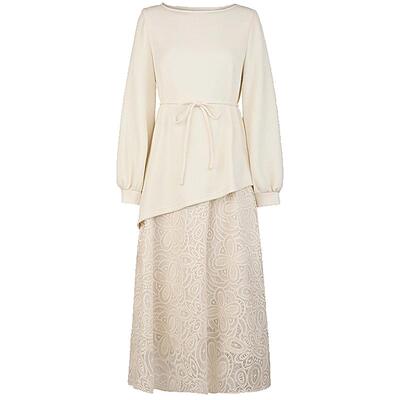 sdeer圆领收腰绣花拼接连衣裙