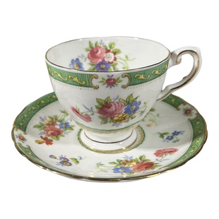 西洋古董 tuscan 英产鎏金花卉小号骨瓷红茶摩卡咖啡杯碟 现货