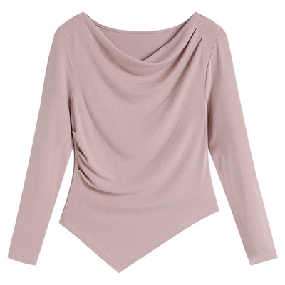 弥古粉色荡领长袖t恤女2025新款秋冬内搭修身法式不规则打底上衣