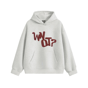 WAINOT潮牌发泡字母印花连帽卫衣秋季男款400g重磅白花灰加绒帽衫