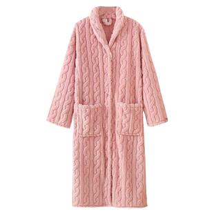 秋冬季加厚舒棉绒提花女青果领纽扣长裙长袍浴袍睡袍睡衣家居服