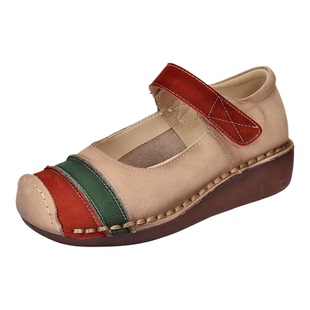 四起哥2026春秋头层牛皮复古风拼色玛丽珍鞋女真皮软底舒适魔术贴