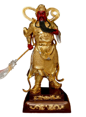 纯黄铜彩绘关公武财神供奉摆件