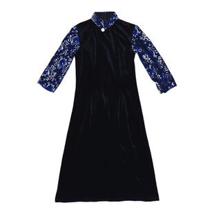 (捡漏3XL)贝佳斯2025春秋季七分袖金丝绒旗袍连衣裙宝蓝色尾货