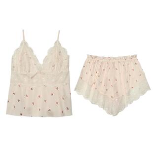 新多色印花夏季睡衣两件套吊带短裤蕾丝性感甜美薄款带胸垫家居服