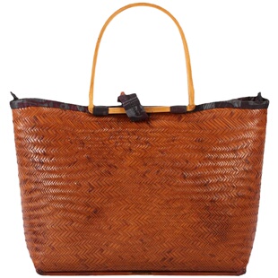 中国台湾省竹艺师廖壹男纯手工竹编手拎包茶具收纳包内衬香云纱款