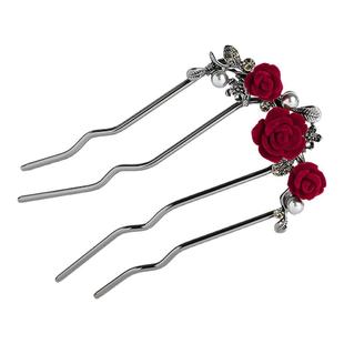 水钻气质旗袍发簪女头饰新婚红色发饰u型发簪新中式盘发衩梳发杈