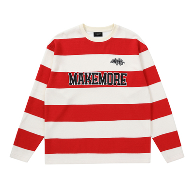 Makemore撞色条纹长袖复古T恤男