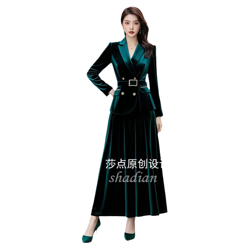 莎点绿色丝绒套装裙时尚两件套