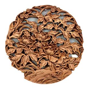 东阳木雕香樟原木白坯挂件中式客厅玄关背景墙装饰画圆形花鸟壁饰