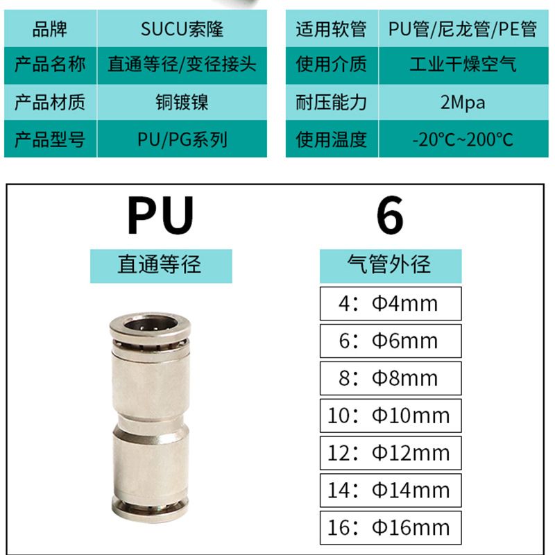 全铜镀镍PU/PG直通变径气动接头4 6 8气管快速接头铜快插气动接头