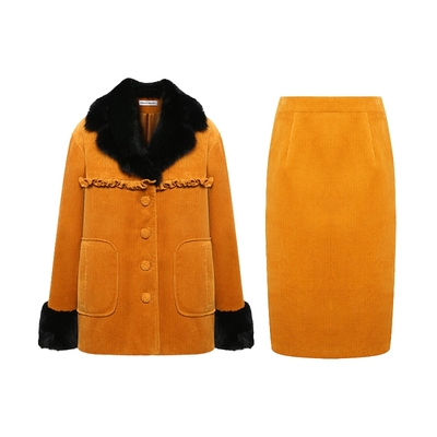 Maison Wester冬季流行波嬉风灯芯绒黑毛领外套裙套装可露丽穿搭