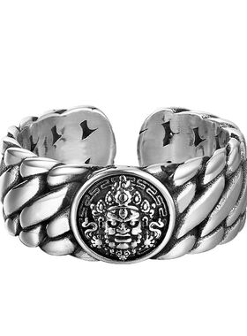 复古黄财神三马鞭纯银戒指民族风