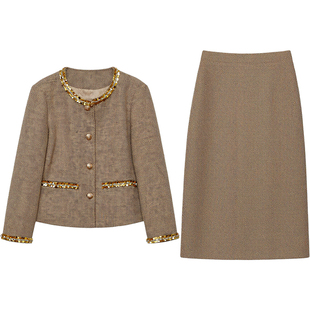 DM100大码百分百女装微胖mm冬季气质正肩显瘦夹棉编织小香风套装