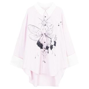 KEIKO 蝴蝶印花粉色燕尾衬衫女26春季设计感撞色翻折宽松条纹上衣