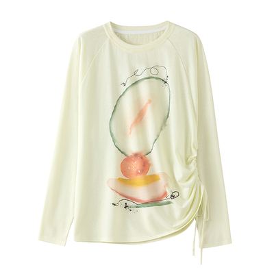 蜜瓜印花黄色莱赛尔长袖薄t恤女