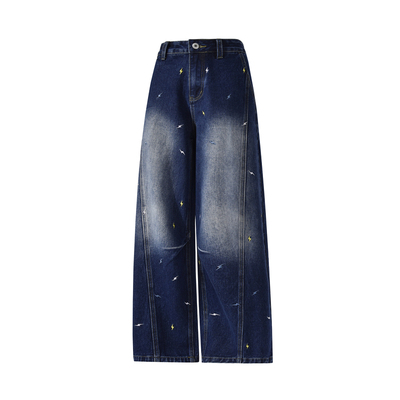 闪电刺绣拼接牛仔裤设计感休闲裤