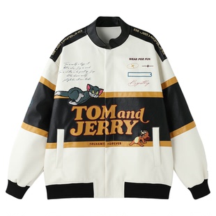 【猫和老鼠联名】BJHG复古皮衣外套男女款春季痞帅赛车服夹克上衣