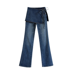 12平方设计感假两件喇叭牛仔裤女修身弹力显瘦显高时尚喇叭长裤