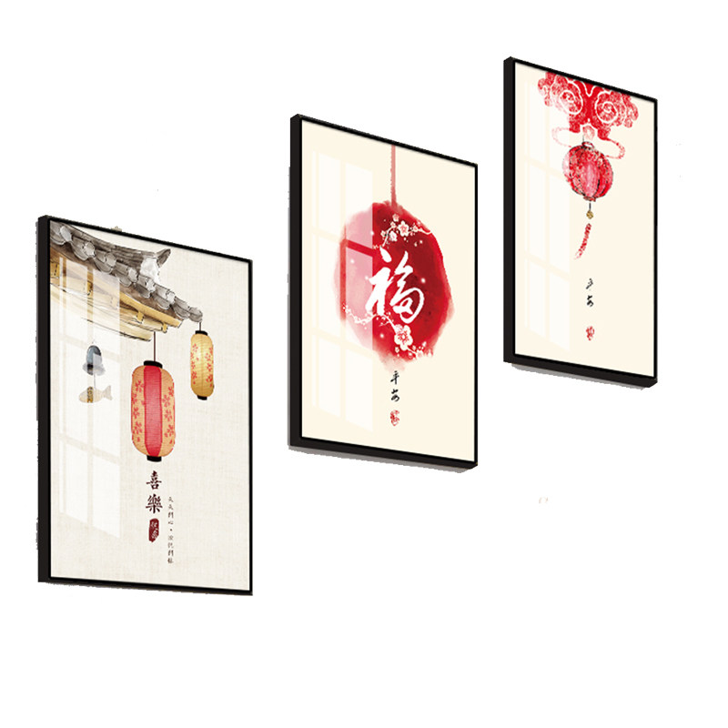 吉祥如意新中式2026新款床头画三联组合中国风竖版玄关壁画民宿