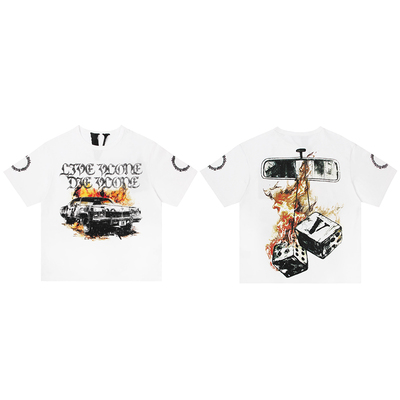 VLONE火焰后视镜挂坠大V做旧水洗白色男女情侣短袖休闲美潮T恤