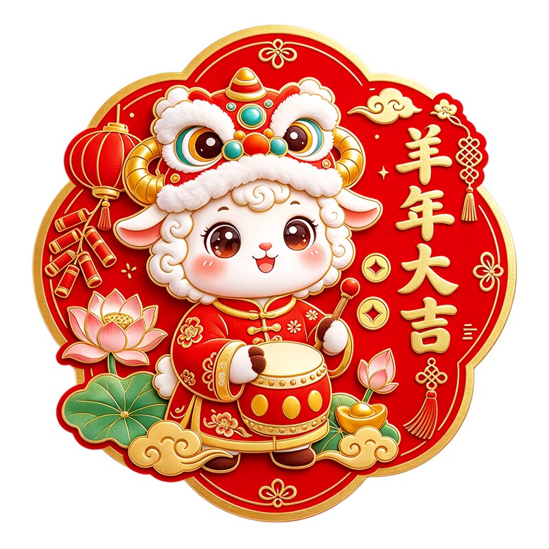 舞狮头小羊墙贴卡通小羊敲鼓羊年大吉荷花鞭炮新年防水装饰贴纸画