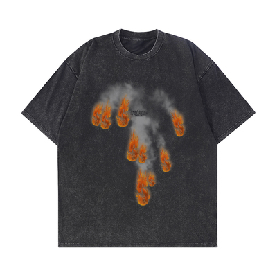 STA复古火焰logo水洗短袖T恤