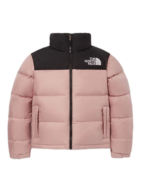 北面THE NORTH FACE 拼色立领Logo印花宽松拉链长袖羽绒服女 粉色