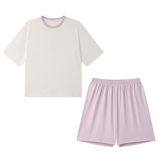 简约休闲撞色纯棉家居服女款2026新款夏季薄款小白T短袖短裤睡衣
