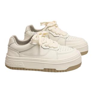 KBNB【博主推荐】圆头厚底小白鞋女2024新款休闲百搭真皮板鞋