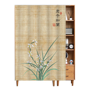 中式复古无门柜子遮挡帘书柜鞋柜开放式书架防尘帘免打孔布帘拉帘