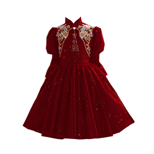 女童旗袍红色冬季朗诵礼服新年装表演服装儿童唐装拜年服冬过年服