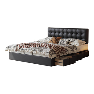 华夫格悬浮离地箱体床真皮床薄床头主卧轻奢黑色带抽屉高箱储物床