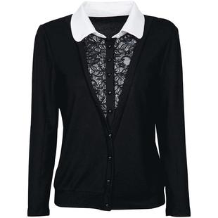 名师路秋季黑色假两件针织衫女上衣长袖蕾丝拼接修身减龄秋装短款