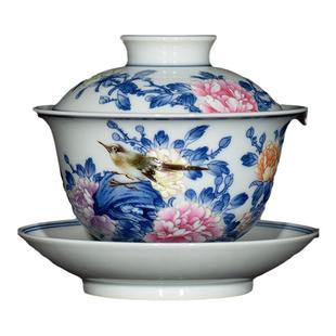 钟家窑陶瓷盖碗景德镇名师万海华老师手绘斗彩花鸟花开富贵泡茶碗