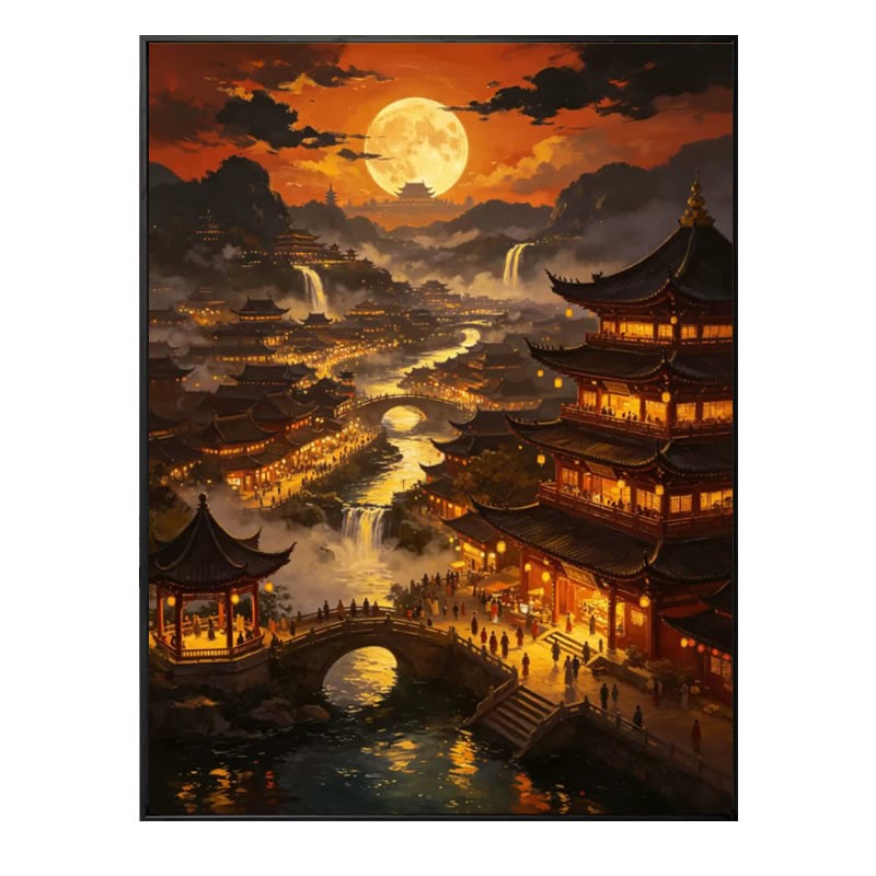 5d盛世古城夜景钻石画方钻满钻大唐古典楼阁点钻十字绣粘贴钻卧室