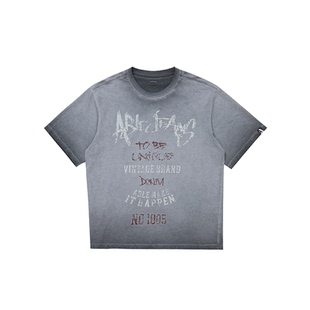 ABLEJEANS夏季新款男士涂鸦印花水洗做旧摇滚风短袖T恤纯棉
