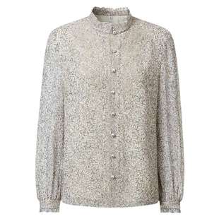 VGRASS维格娜丝春新款定位印花叠绣桑蚕丝小衫真丝木耳边乔其衬衫