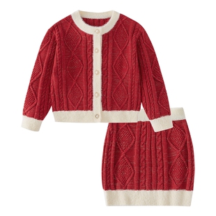 [远红外锁温]女童裙装加绒两件套大童红色洋气秋冬装儿童毛织套装