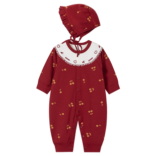 考拉蒂尔 婴儿纯棉连体衣春秋复古樱桃满月宝宝新年衣服小月龄