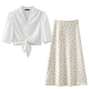 拉夏贝尔/La Chapelle泡泡袖V领衬衫收腰绑带短上衣半身裙两件套