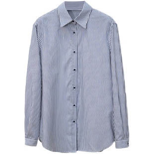 芝美日禾 蓝白条纹长袖衬衫女高支棉微廓形微弹简约通勤高级